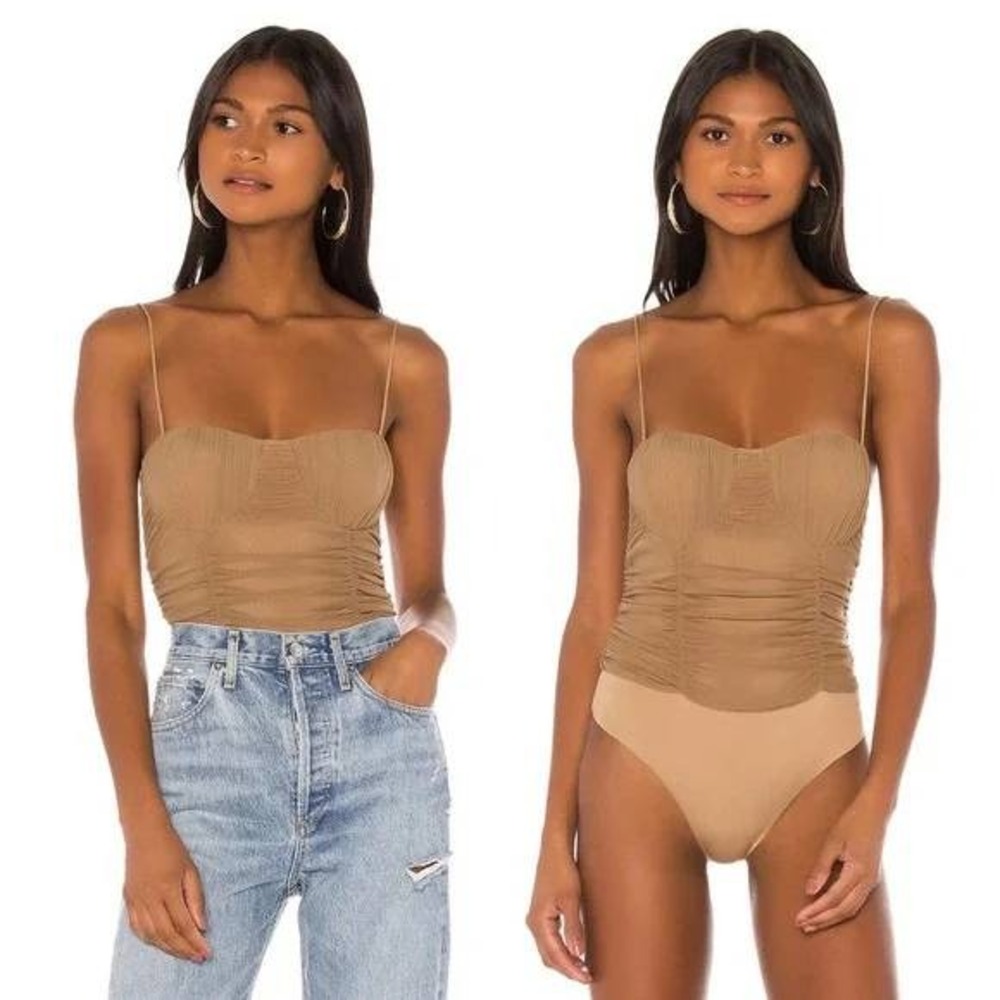 LOVERS + FRIENDS Brown Ruched Mesh Bustier Bodysuit Top Snap Albany Sz Medium